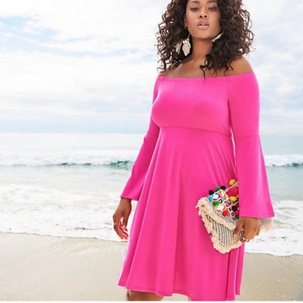 Torrid Pink Off-Shoulder Bell Sleeve Midi Dress